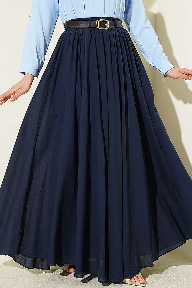 Belted Voile Skirt with Elastic Waist - Navy