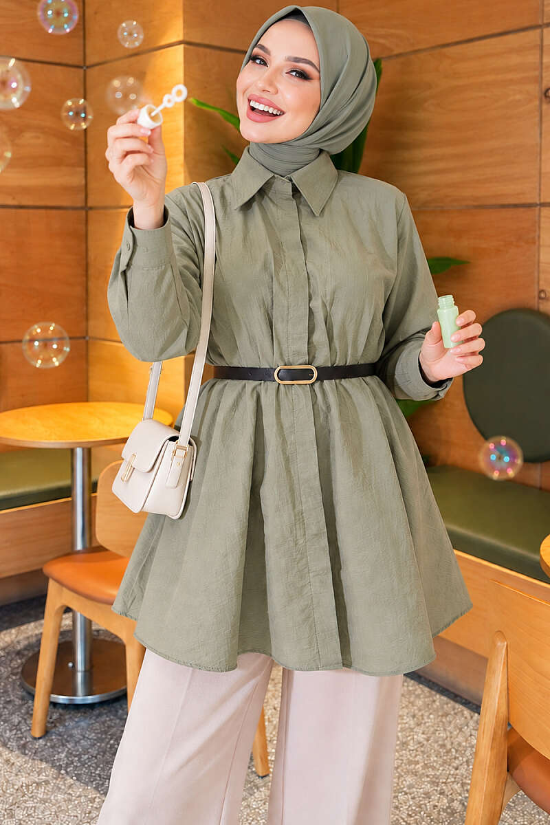 Belted Parachute Shirt with Waist Darts - Almond Green