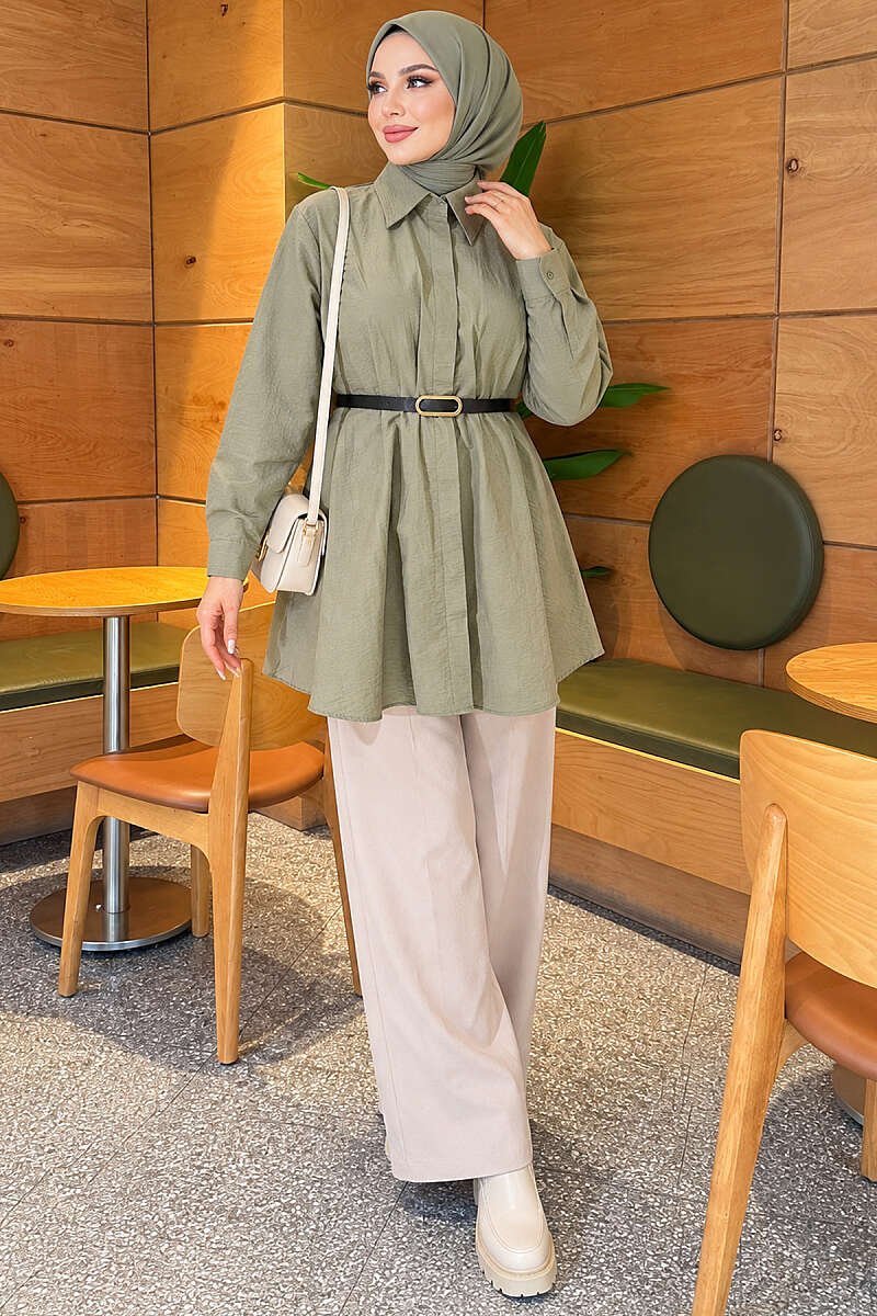 Belted Parachute Shirt with Waist Darts - Almond Green