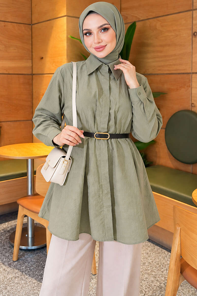 Belted Parachute Shirt with Waist Darts - Almond Green