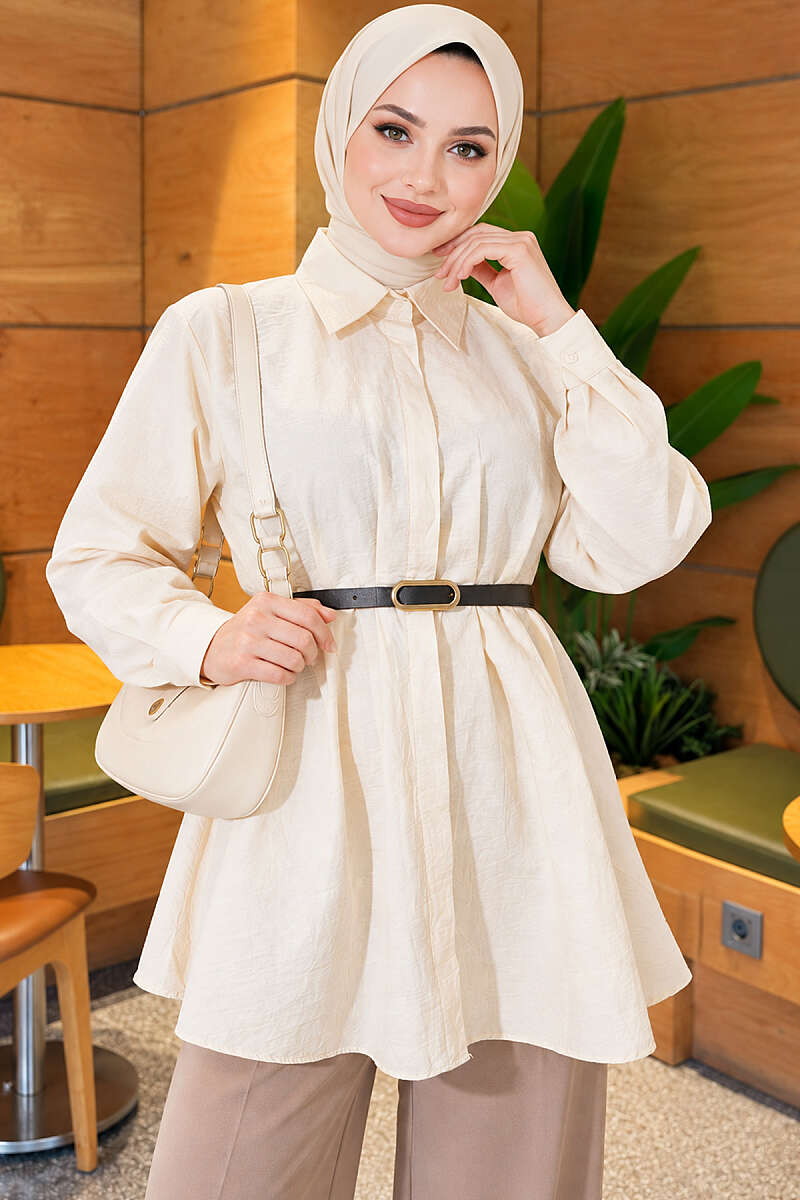 Belted Parachute Shirt with Waist Darts - Bone