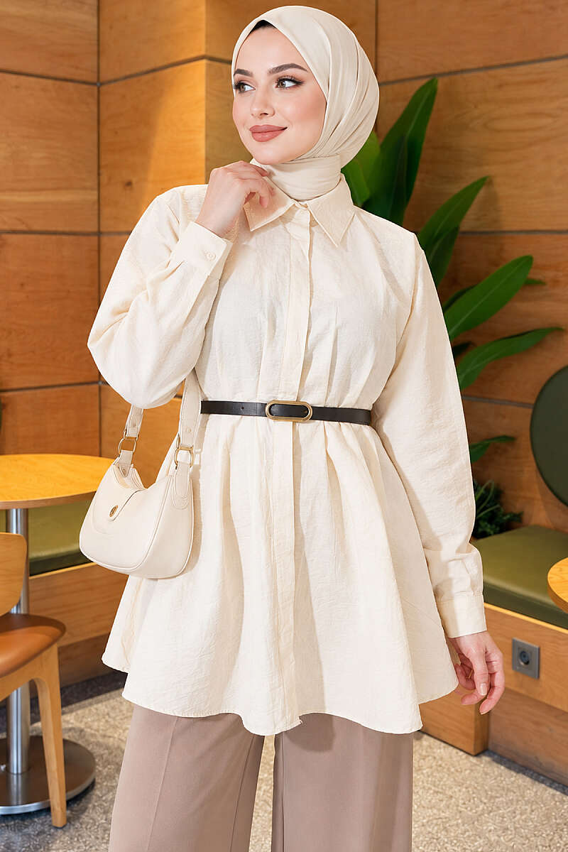 Belted Parachute Shirt with Waist Darts - Bone