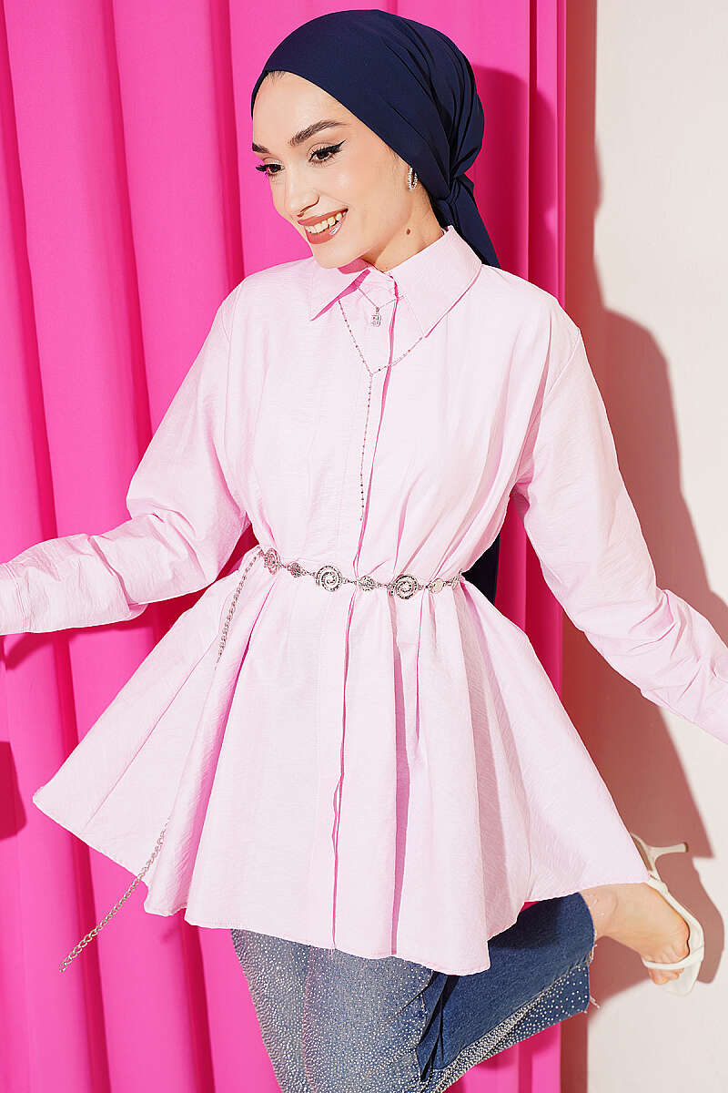 Belted Parachute Shirt with Waist Darts - Pink
