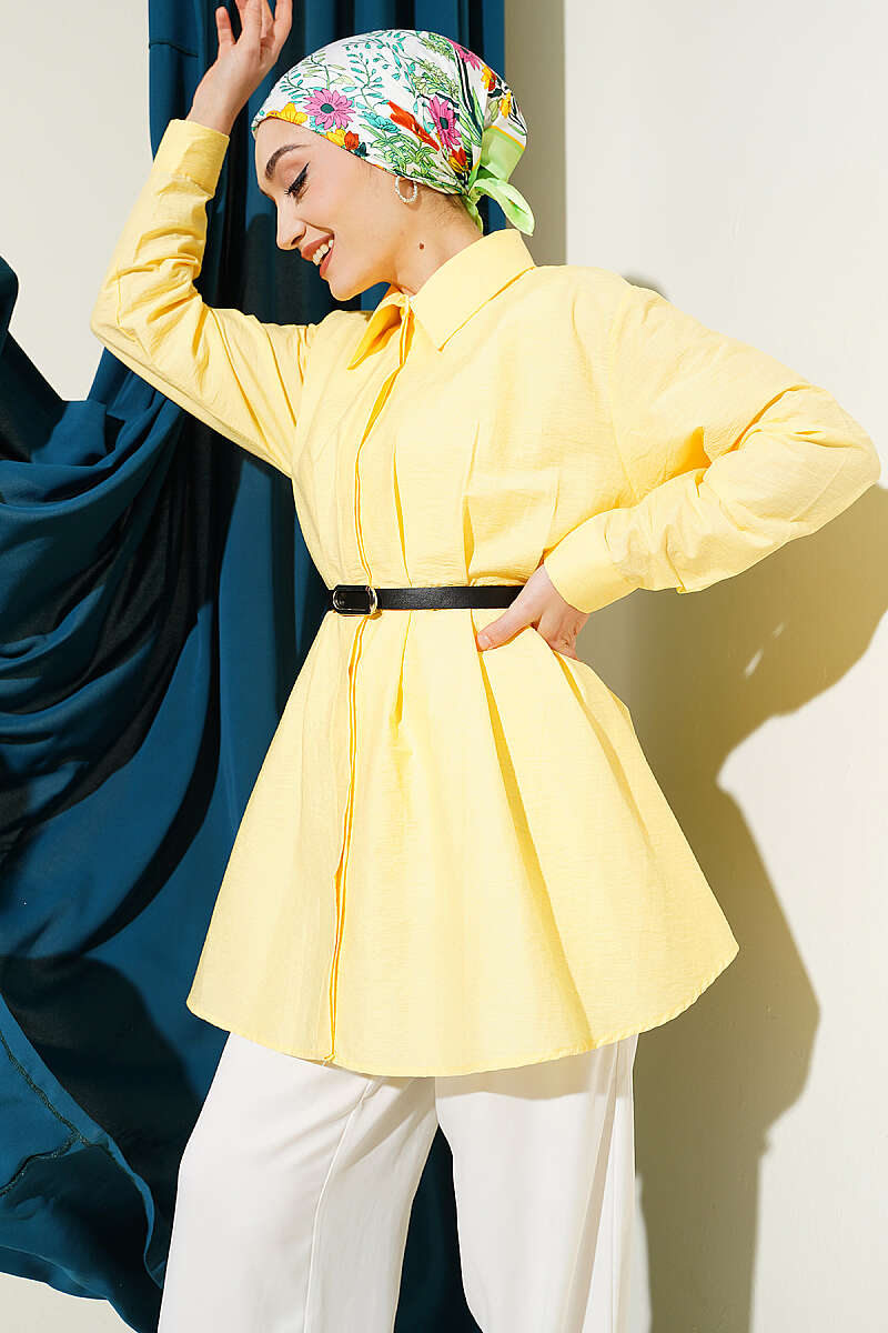 Belted Parachute Shirt with Waist Darts - Yellow