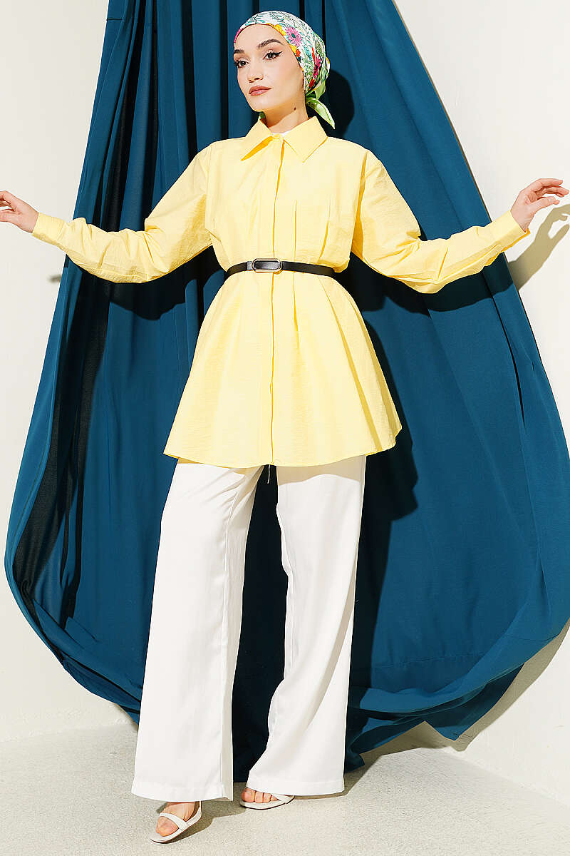 Belted Parachute Shirt with Waist Darts - Yellow