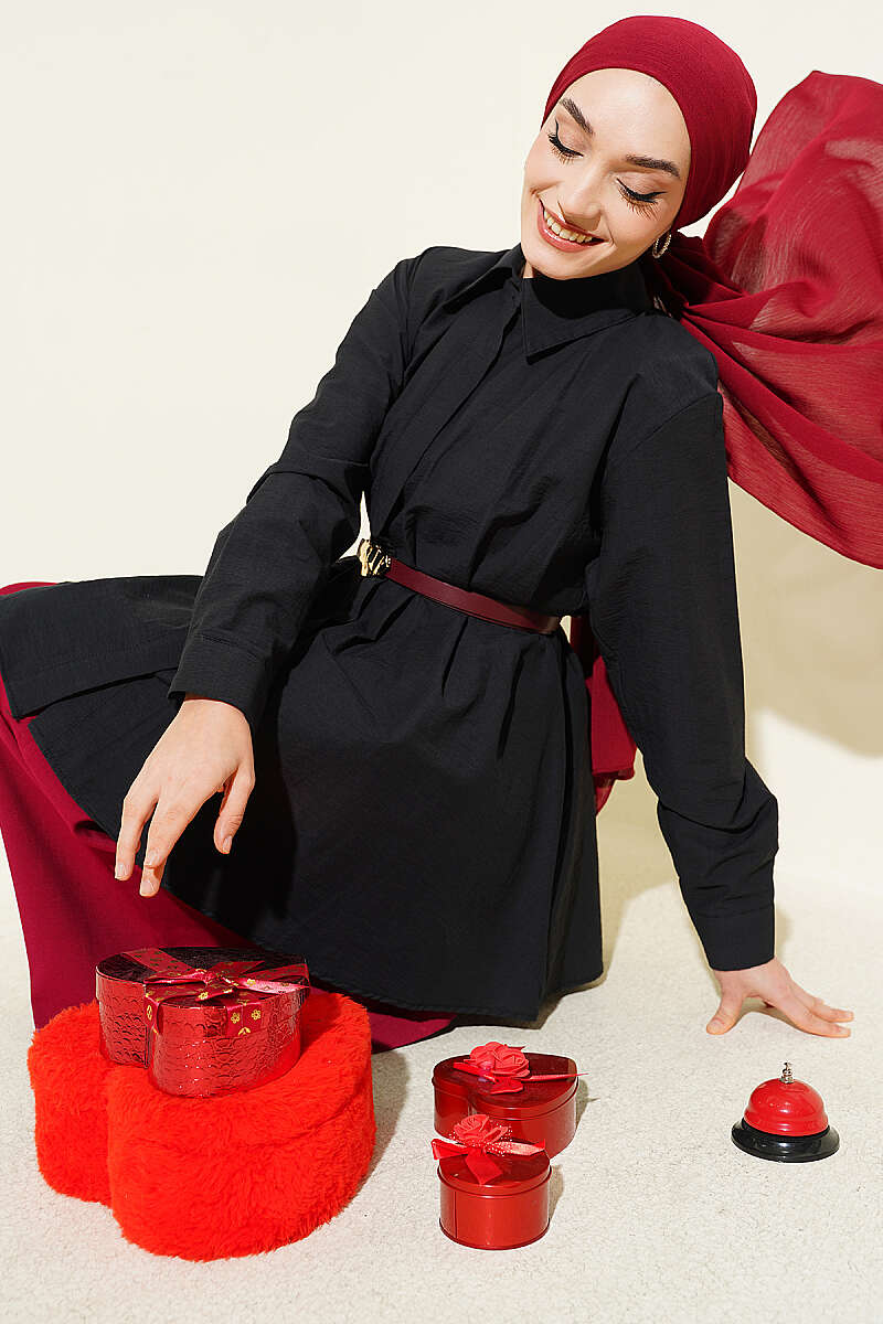 Belted Parachute Shirt with Waist Darts - Black