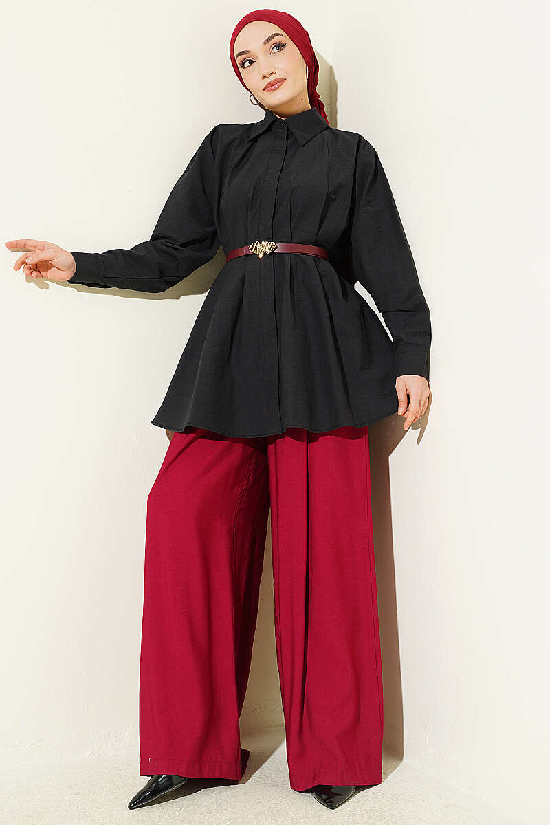 Belted Parachute Shirt with Waist Darts - Black