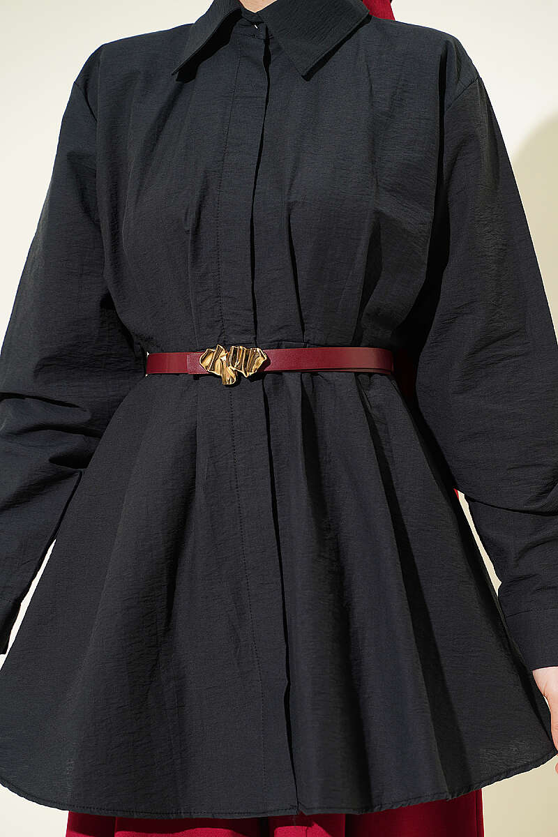 Belted Parachute Shirt with Waist Darts - Black