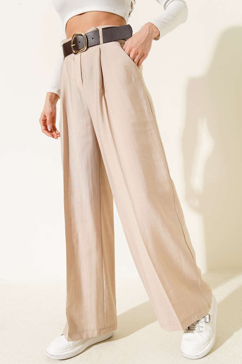 Belted Wide-Leg Pants with Pleated Waist - Stone