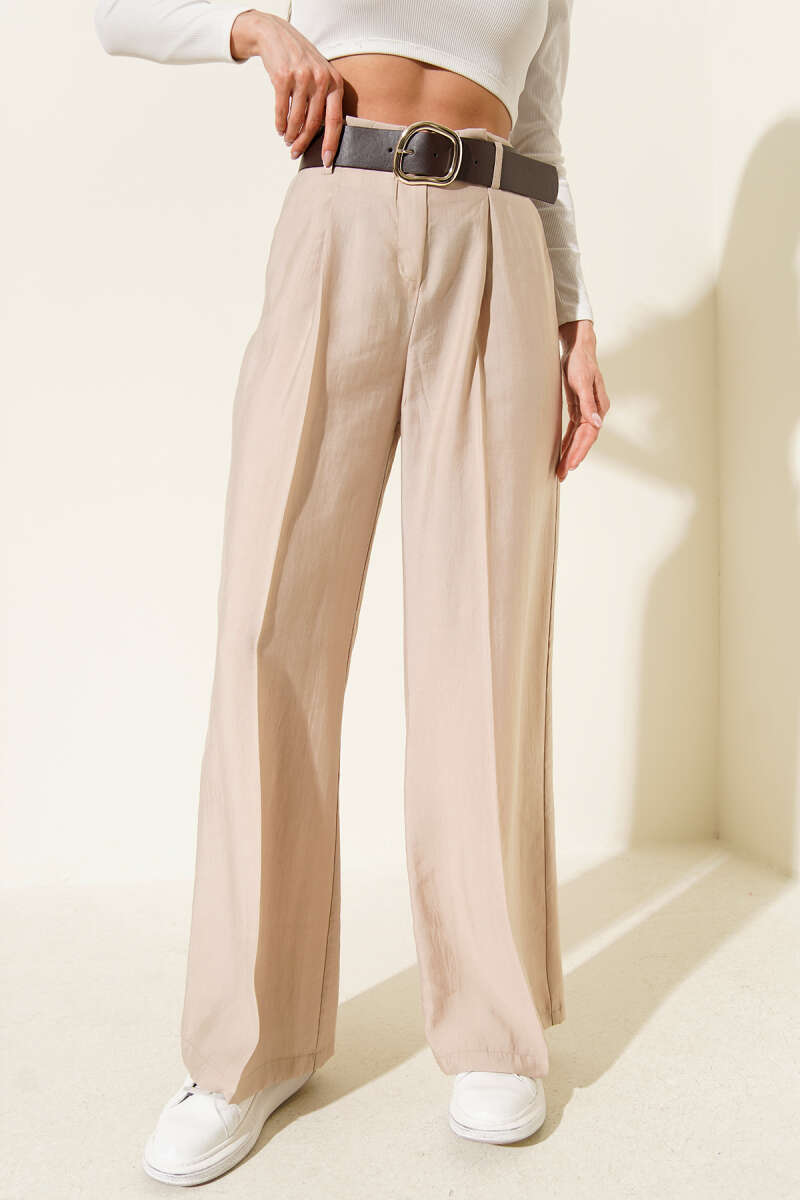 Belted Wide-Leg Pants with Pleated Waist - Stone