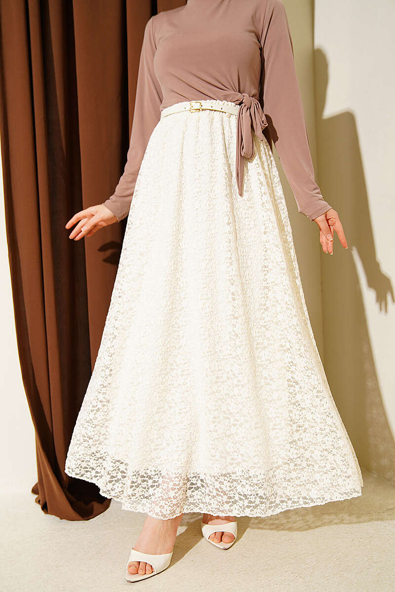 Belted Lace Skirt with Elastic Waist - Bone