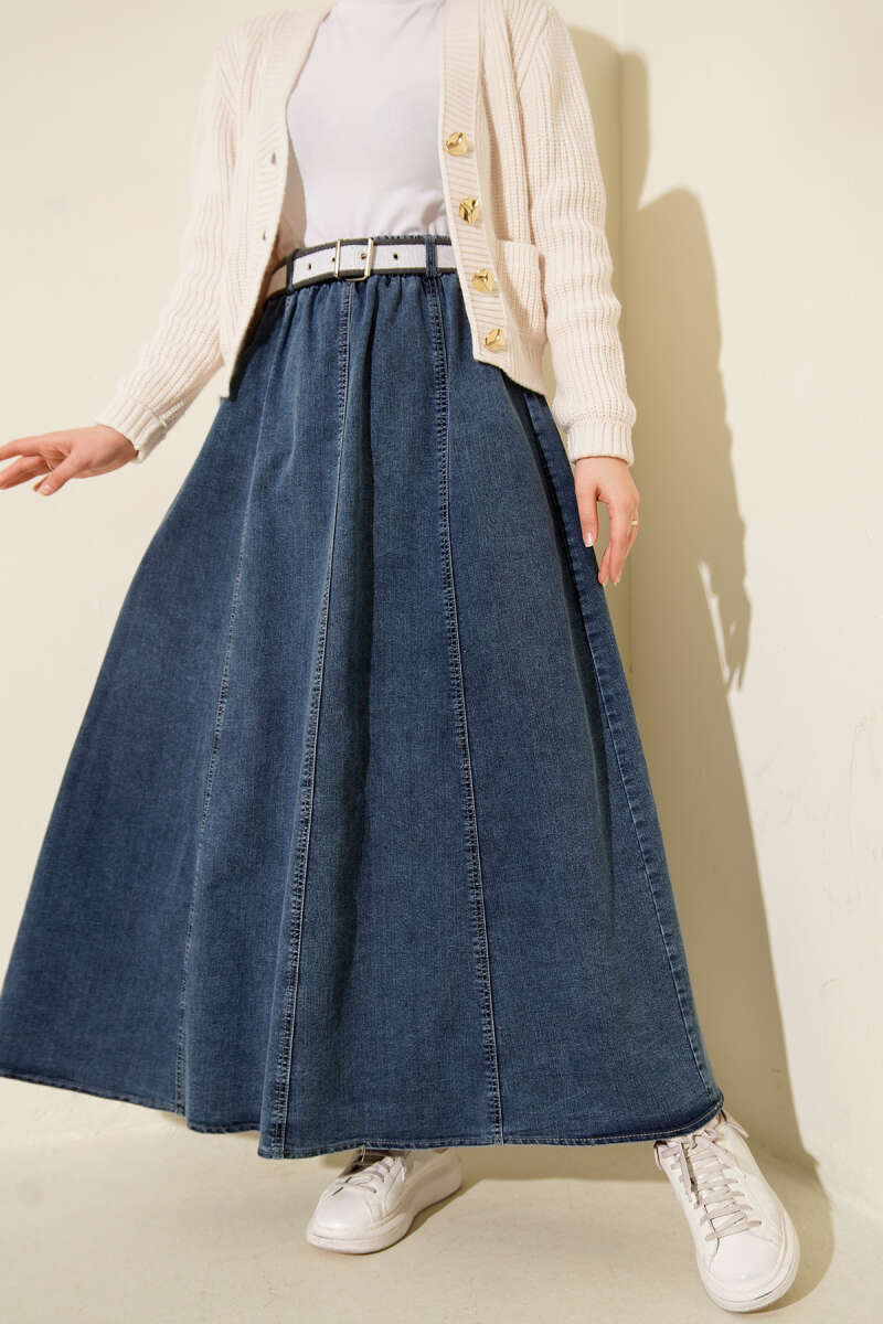 Belted Denim Skirt with Elastic Waist - Blue