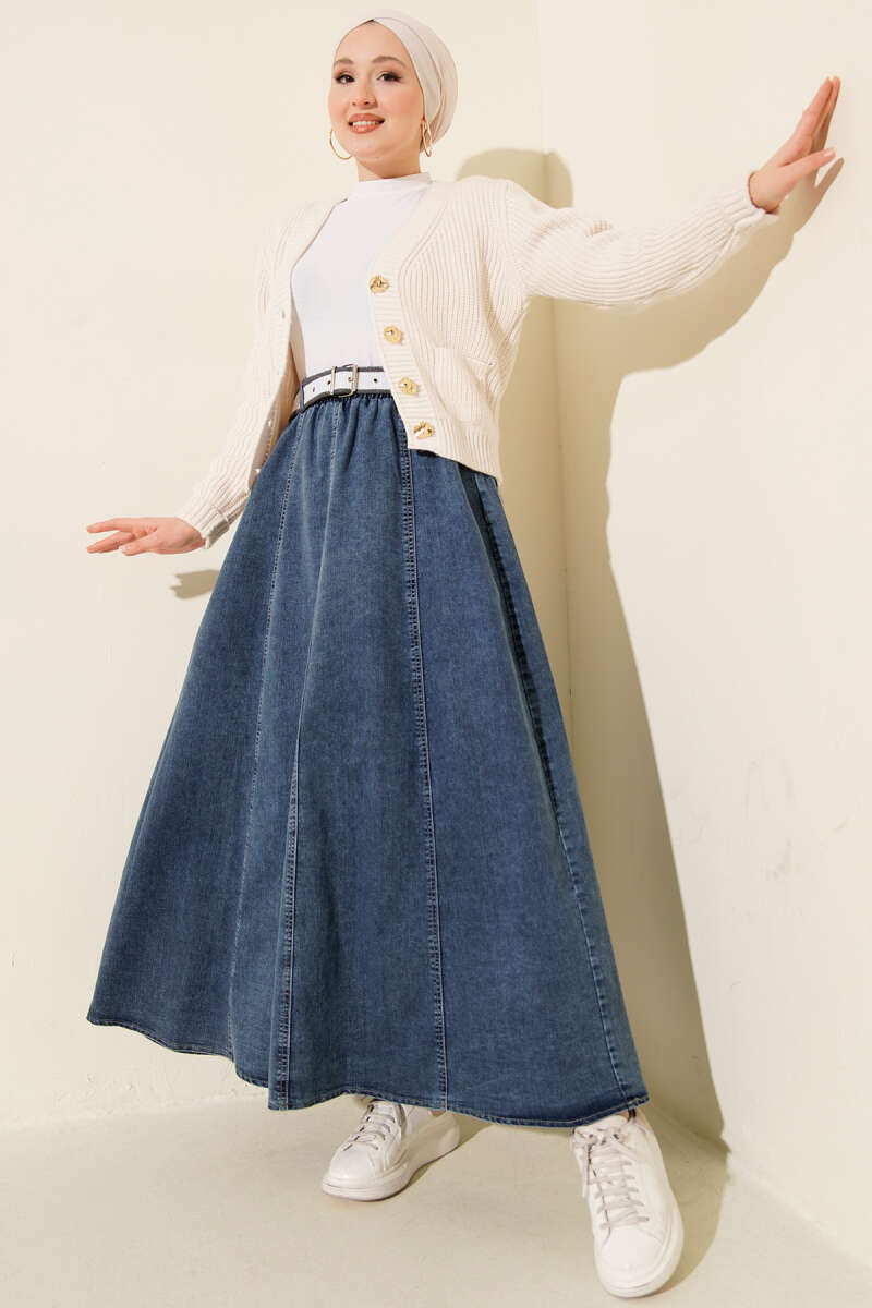 Belted Denim Skirt with Elastic Waist - Blue