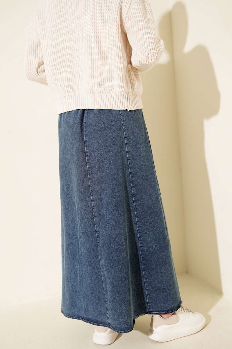 Belted Denim Skirt with Elastic Waist - Blue