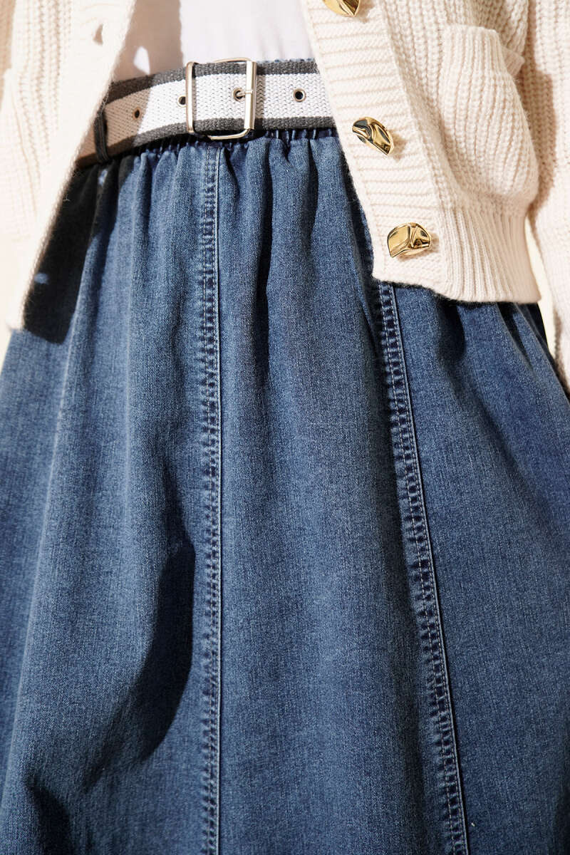 Belted Denim Skirt with Elastic Waist - Blue