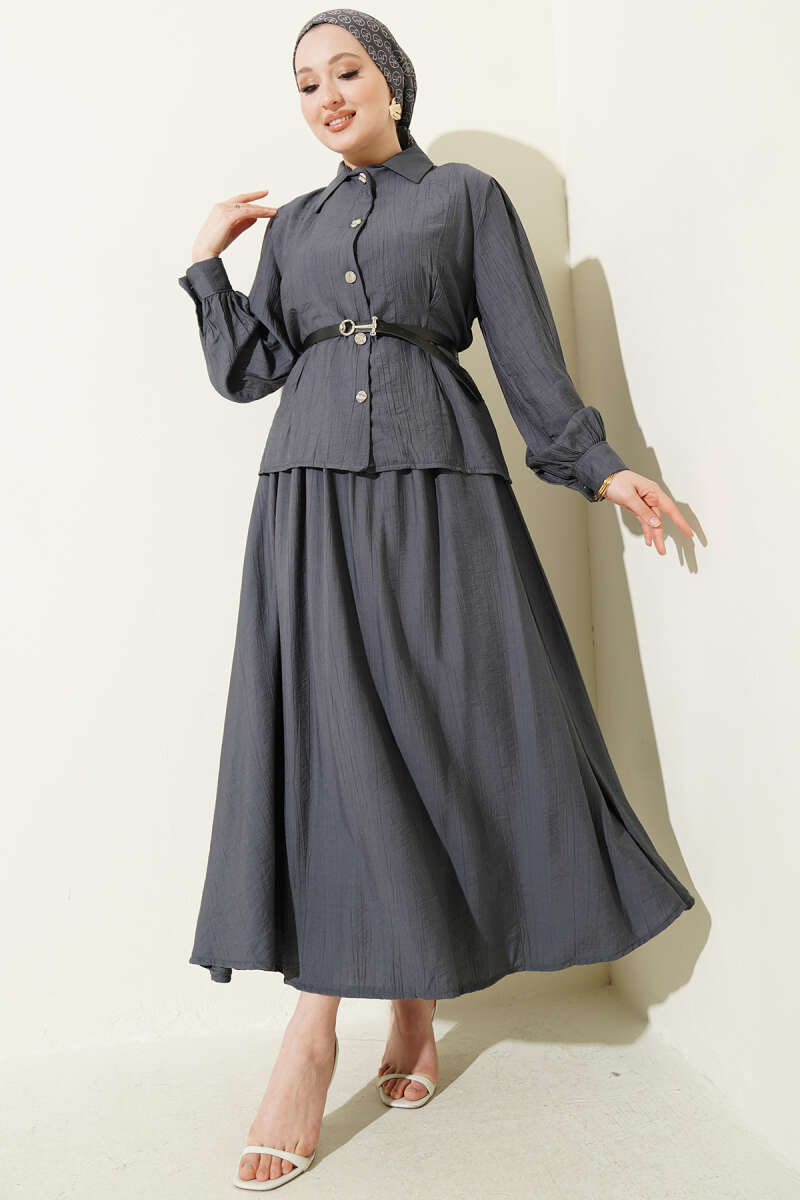 Belted Skirt Set with Waist Darts and Buckle - Smoke Grey