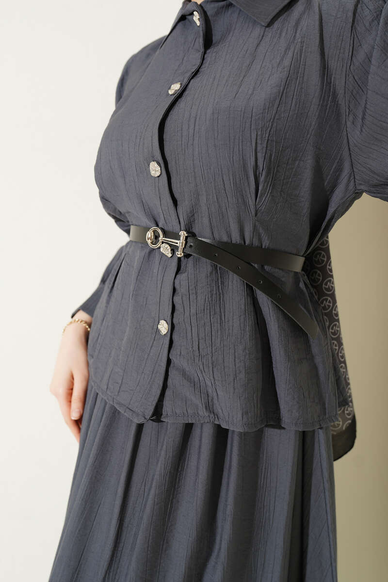 Belted Skirt Set with Waist Darts and Buckle - Smoke Grey