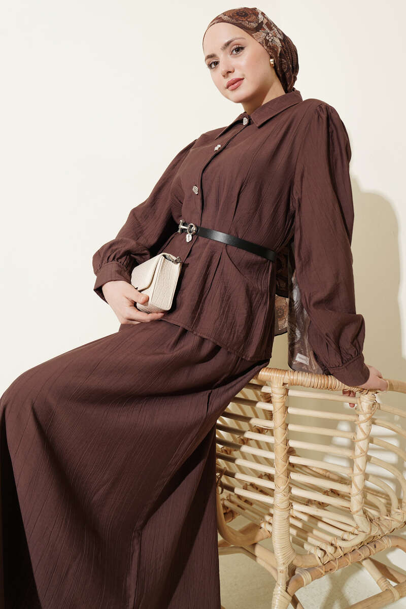 Belted Skirt Set with Waist Darts and Buckle - Brown