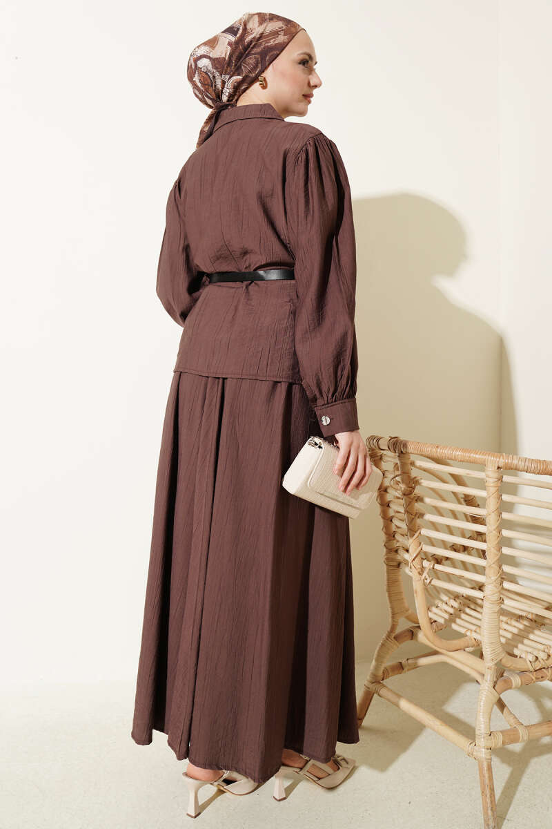 Belted Skirt Set with Waist Darts and Buckle - Brown