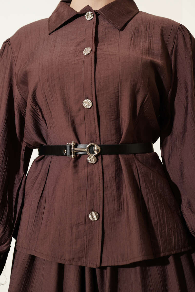 Belted Skirt Set with Waist Darts and Buckle - Brown