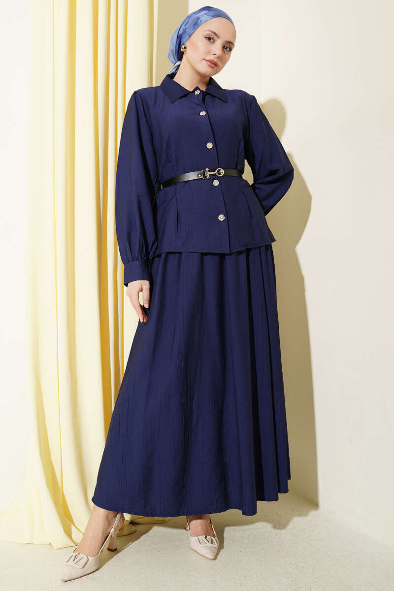 Belted Skirt Set with Waist Darts and Buckle - Navy