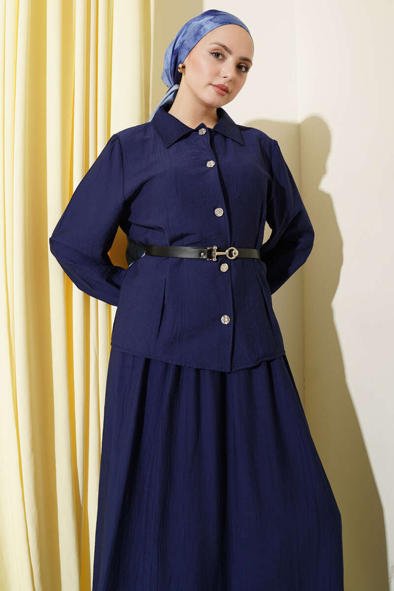 Belted Skirt Set with Waist Darts and Buckle - Navy