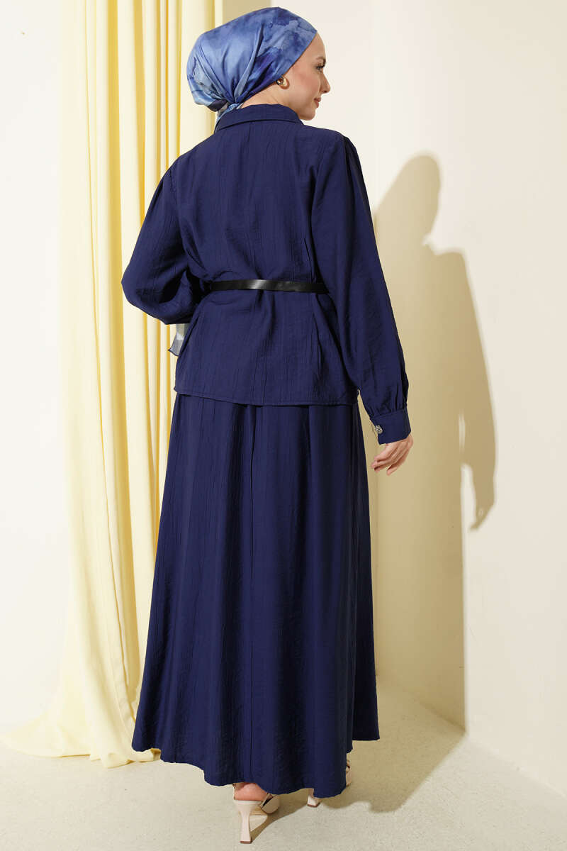 Belted Skirt Set with Waist Darts and Buckle - Navy
