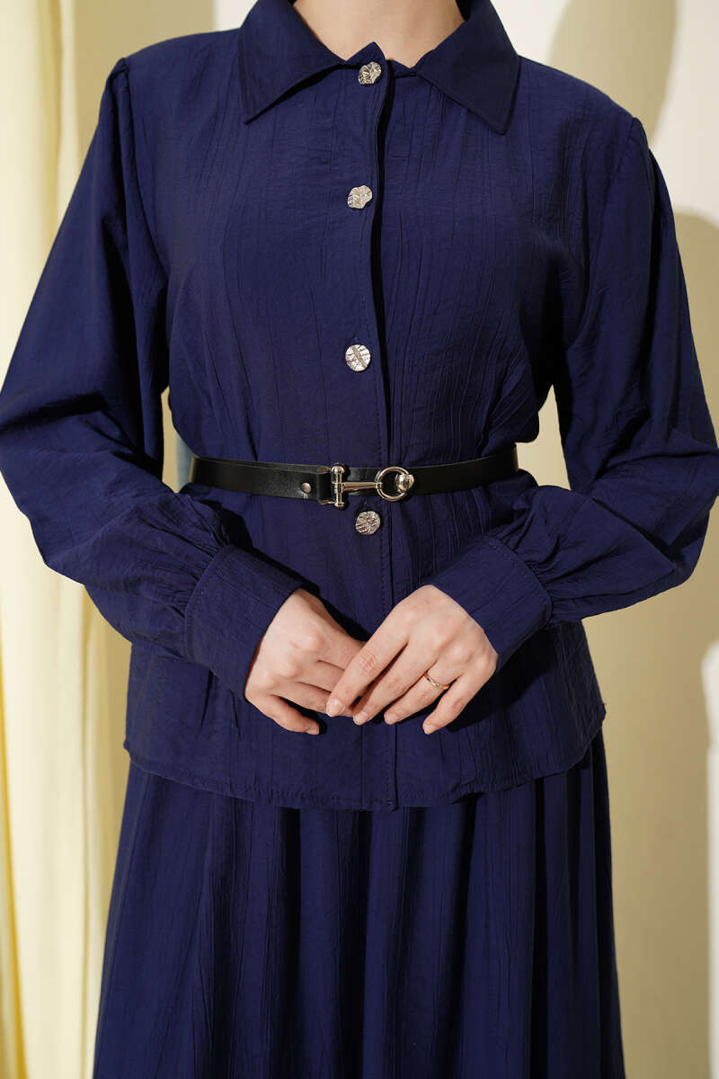 Belted Skirt Set with Waist Darts and Buckle - Navy