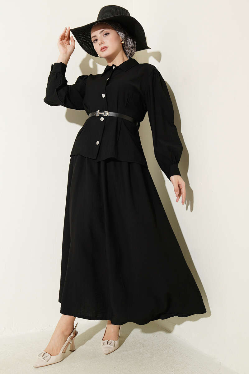 Belted Skirt Set with Waist Darts and Buckle - Black