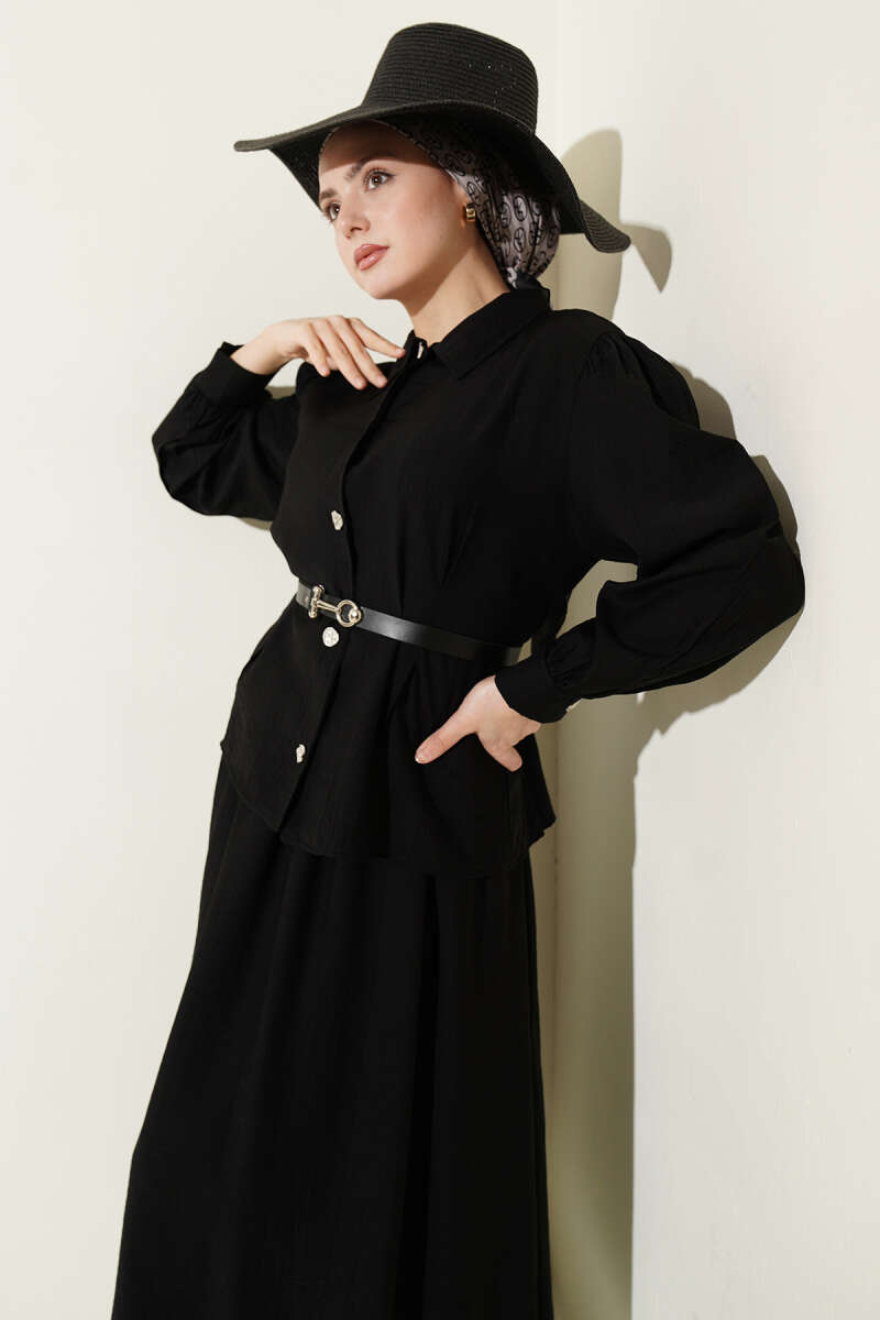 Belted Skirt Set with Waist Darts and Buckle - Black