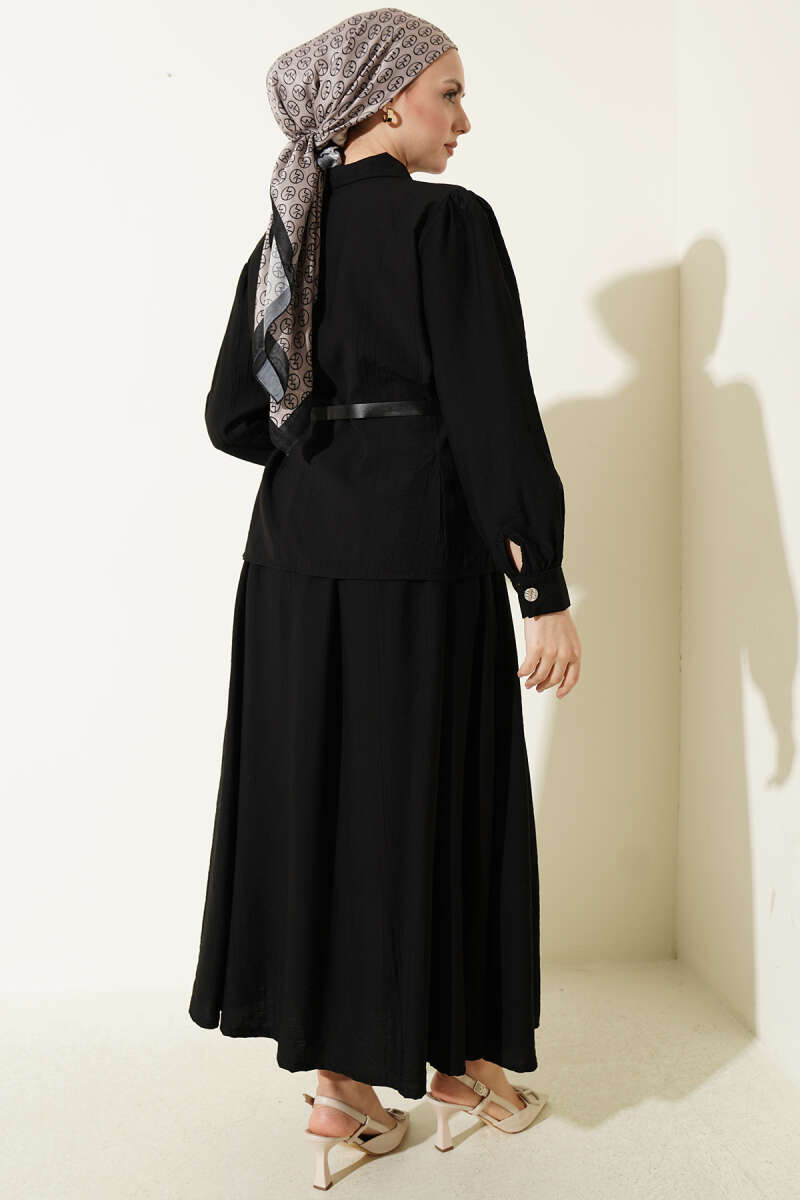 Belted Skirt Set with Waist Darts and Buckle - Black