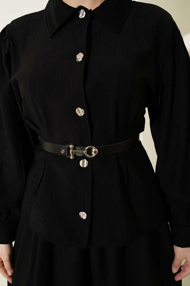 Belted Skirt Set with Waist Darts and Buckle - Black