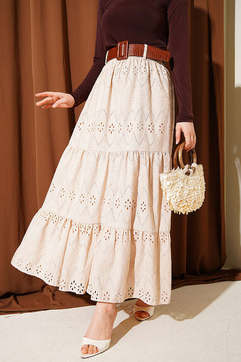 Belted Tiered Embroidered Skirt - Beige