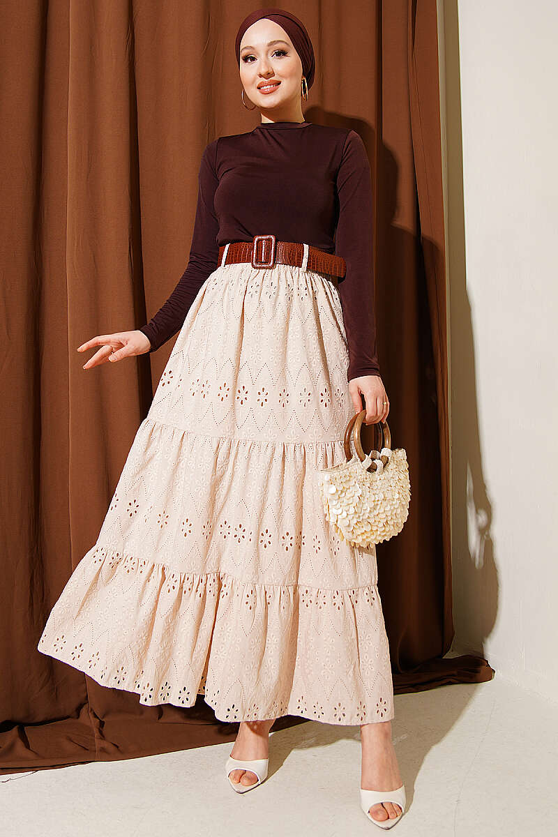 Belted Tiered Embroidered Skirt - Beige