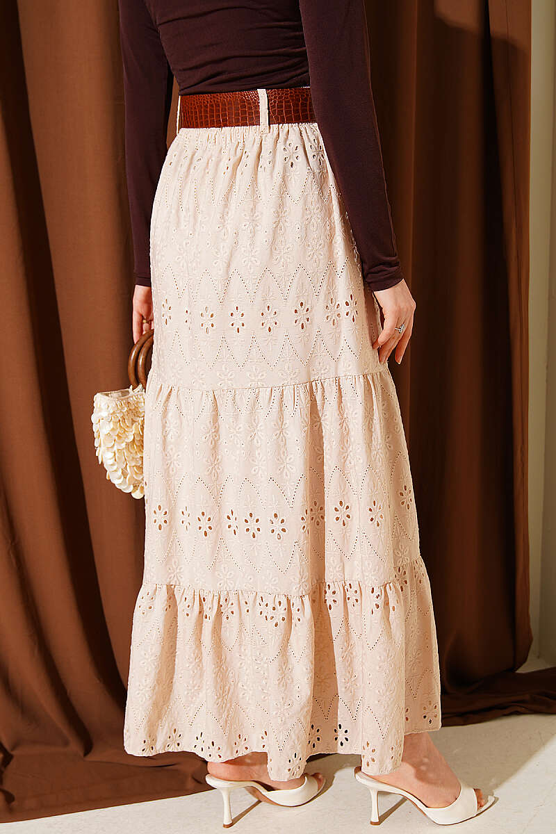 Belted Tiered Embroidered Skirt - Beige