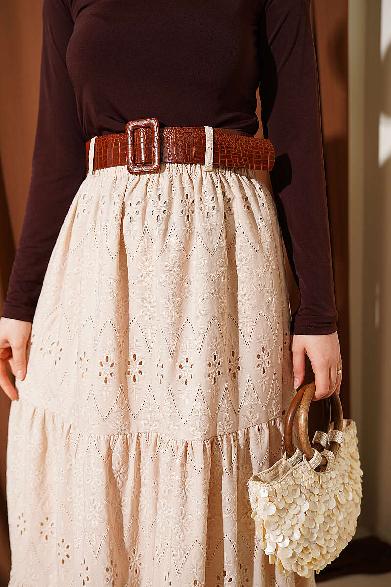 Belted Tiered Embroidered Skirt - Beige