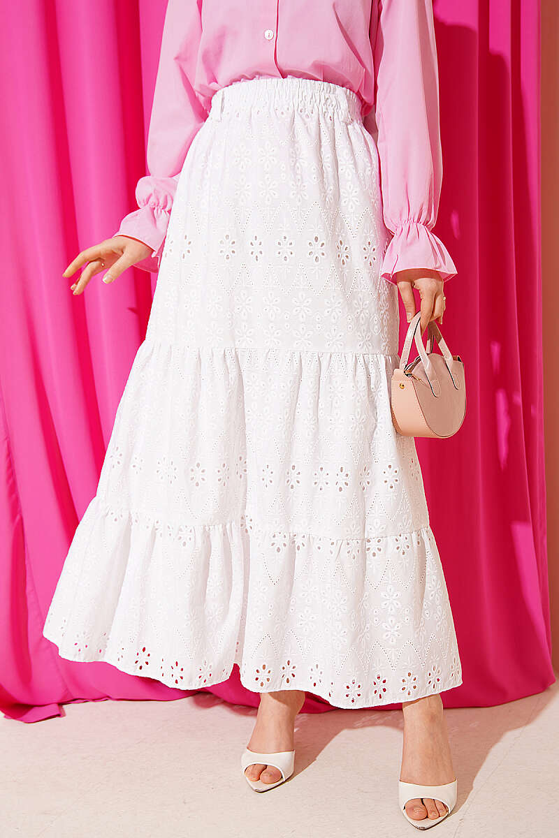 Belted Tiered Embroidered Skirt - White