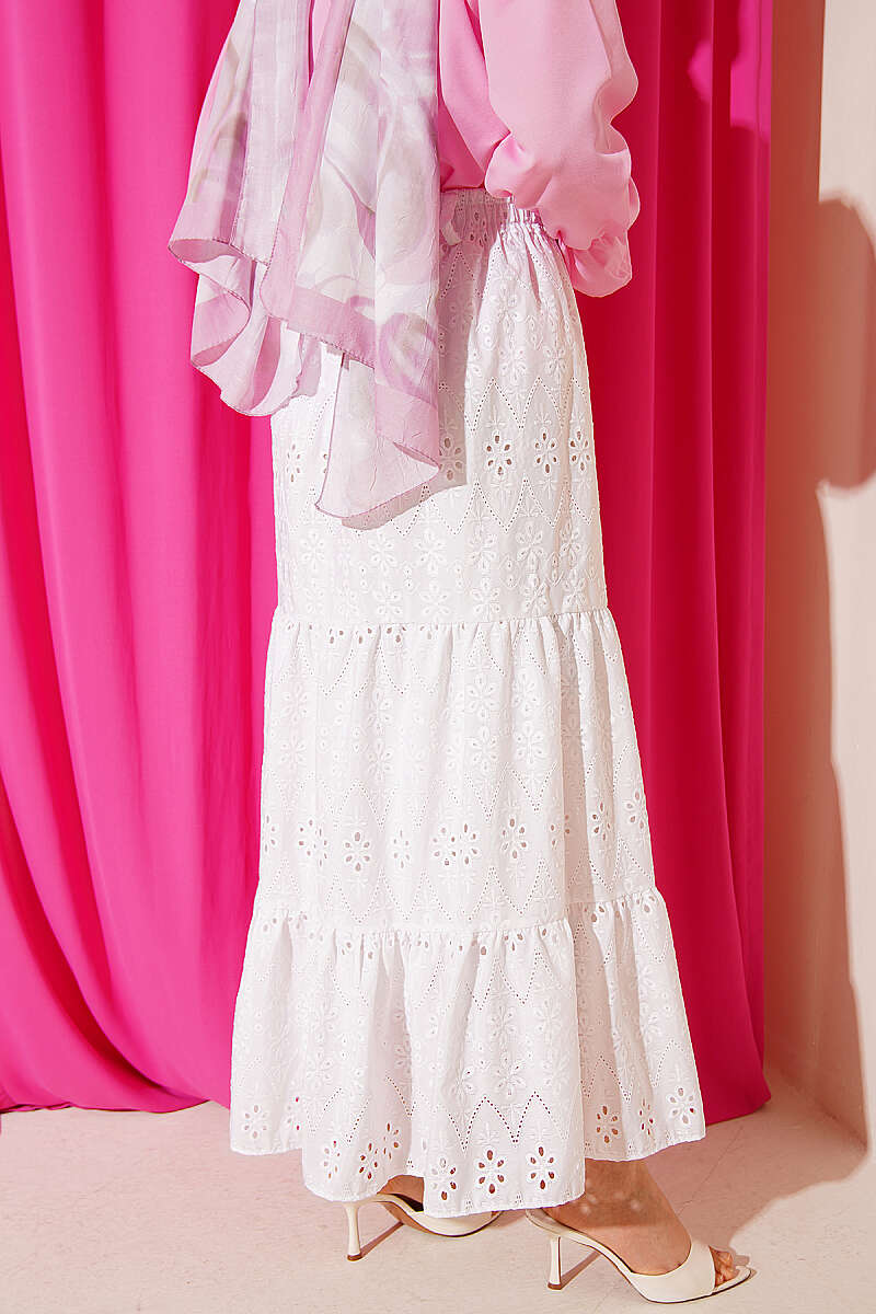 Belted Tiered Embroidered Skirt - White