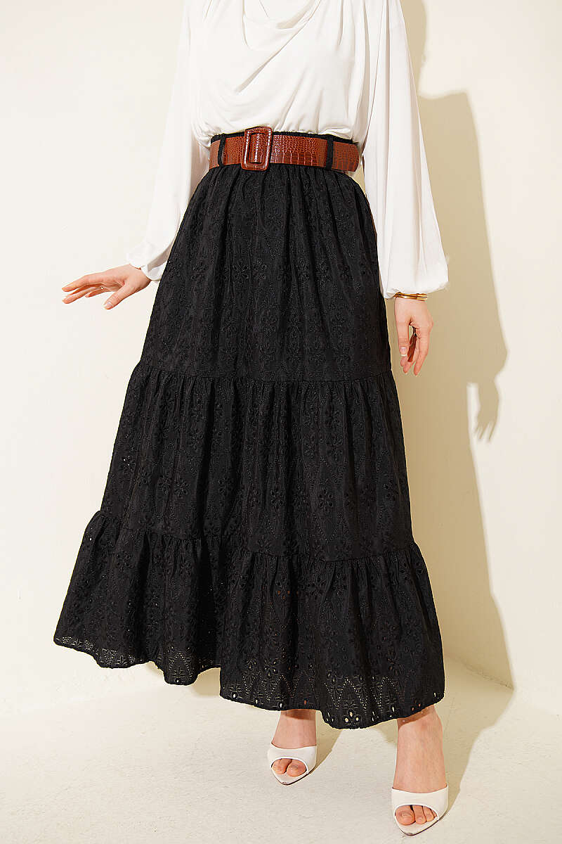 Belted Tiered Embroidered Skirt - Black