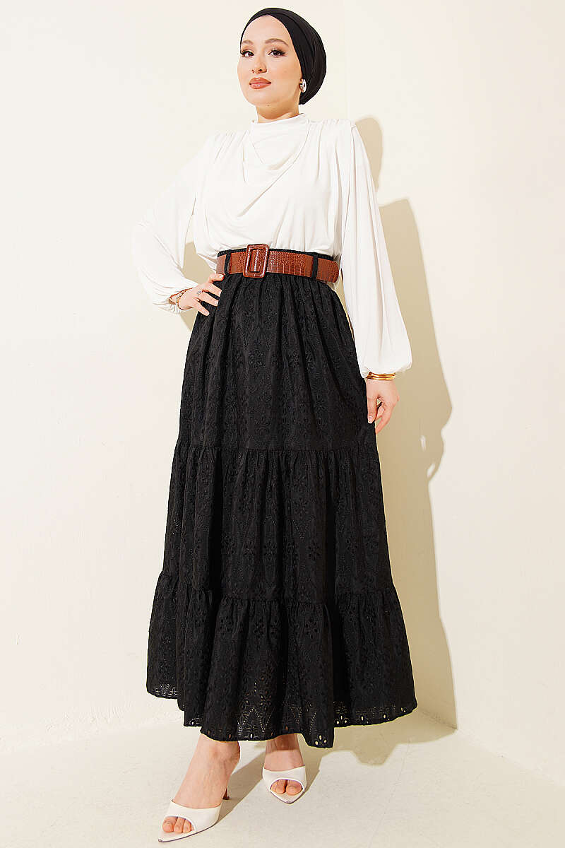 Belted Tiered Embroidered Skirt - Black