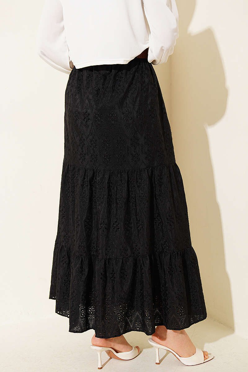Belted Tiered Embroidered Skirt - Black