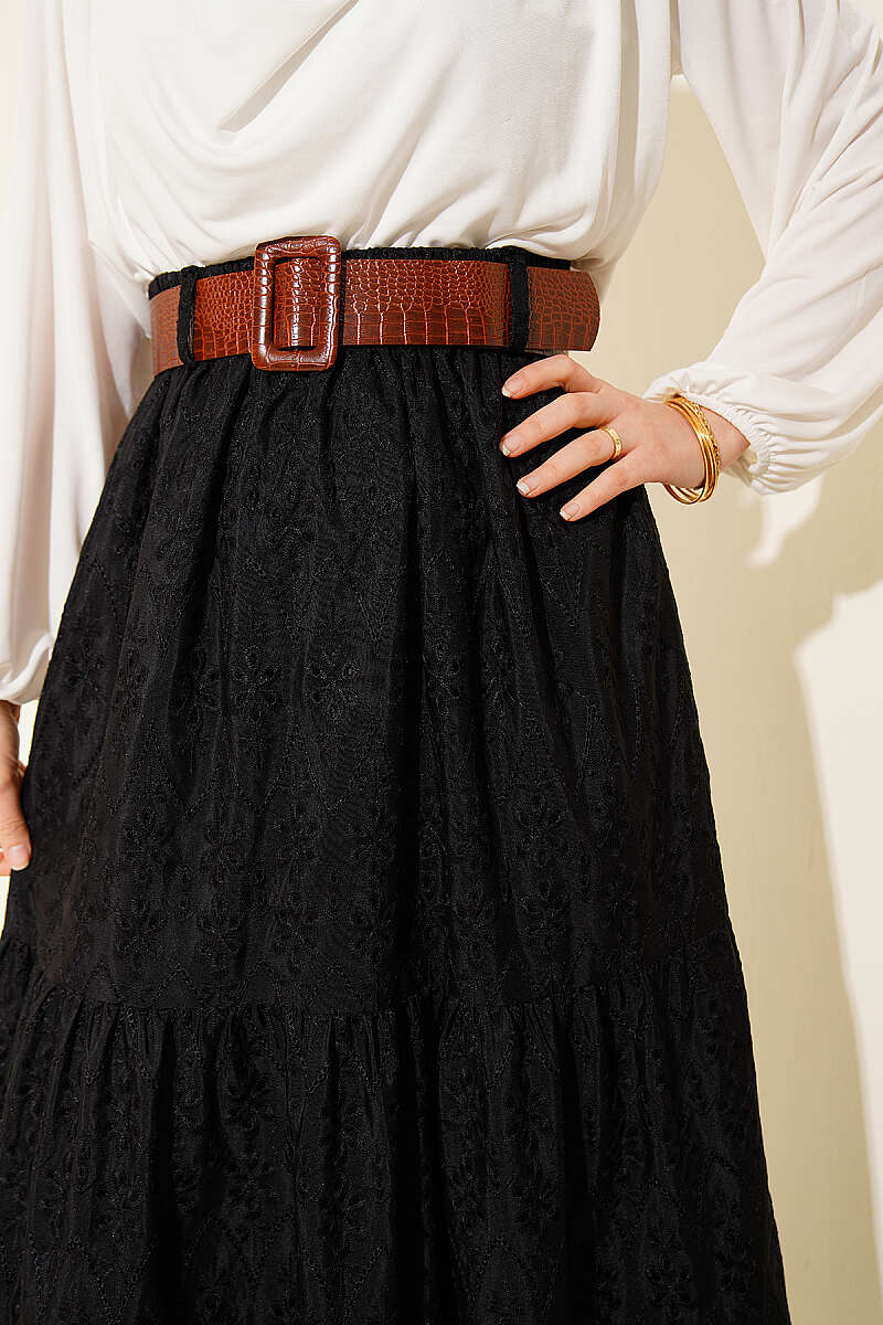 Belted Tiered Embroidered Skirt - Black