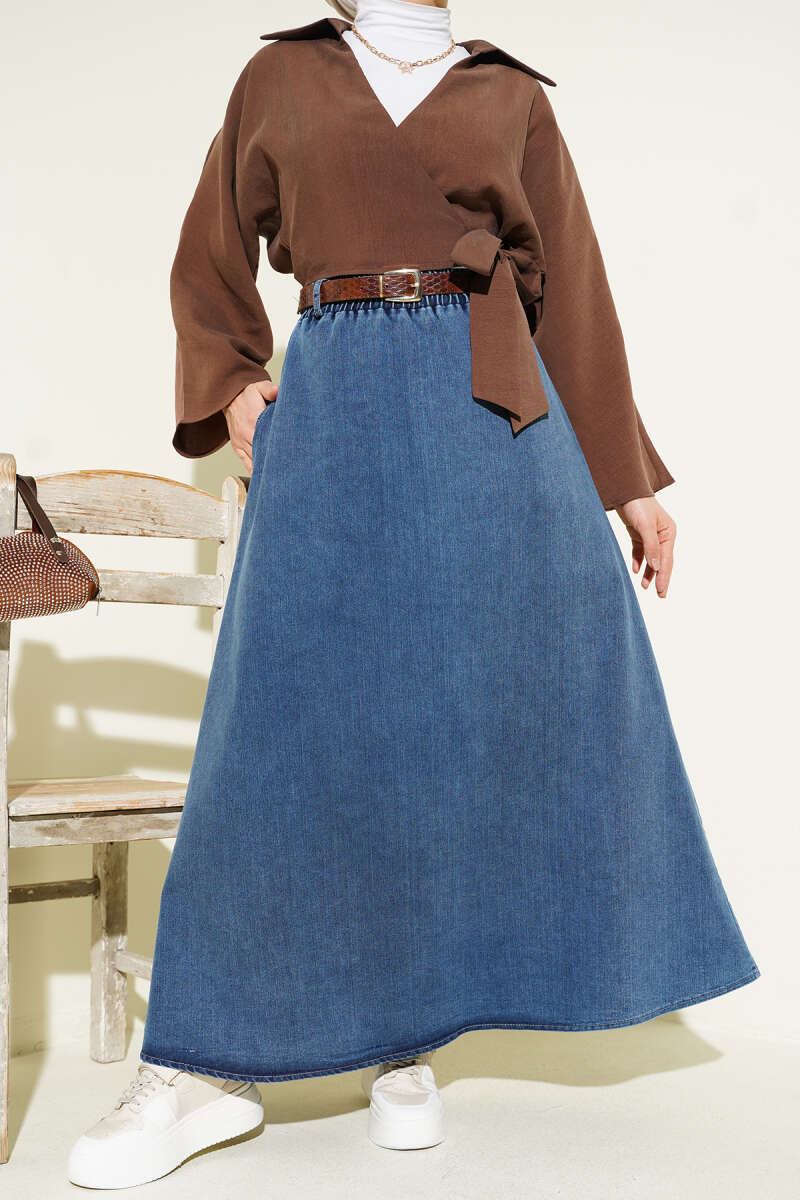 Belted Denim Skirt with Pockets and Elastic Waist - Blue