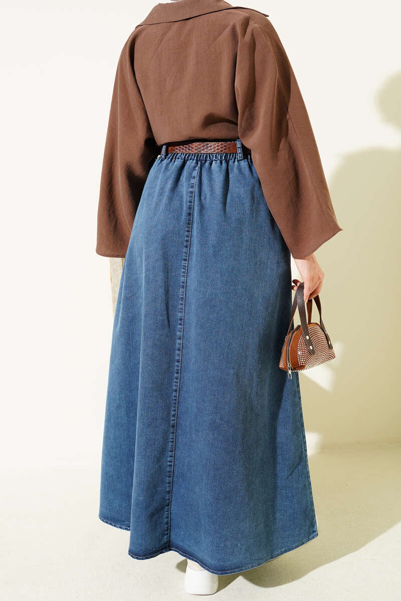 Belted Denim Skirt with Pockets and Elastic Waist - Blue