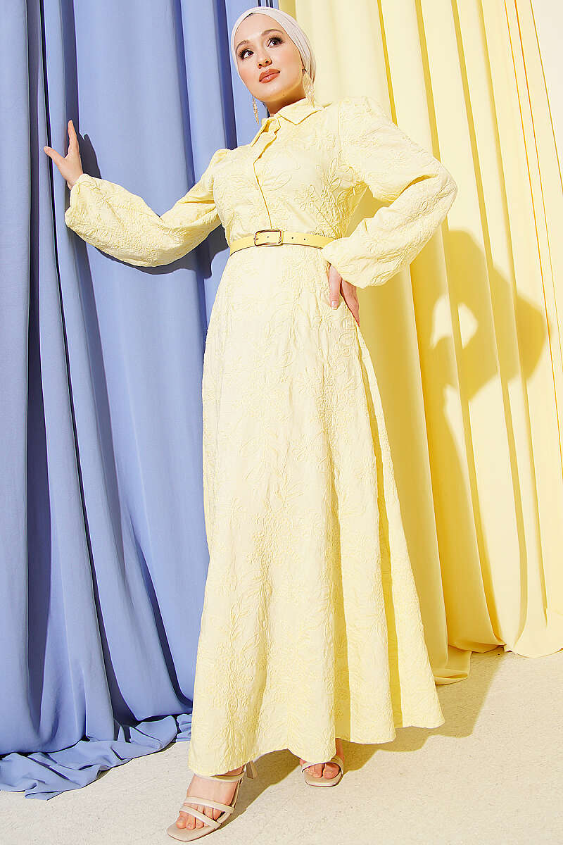 Belted Floral Embroidered Button Dress - Yellow