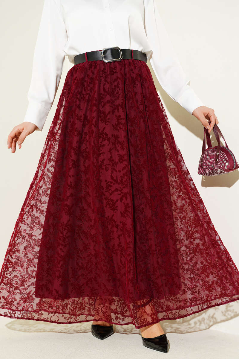 Belted Floral Tulle Flared Skirt with Buckle - Burgundy