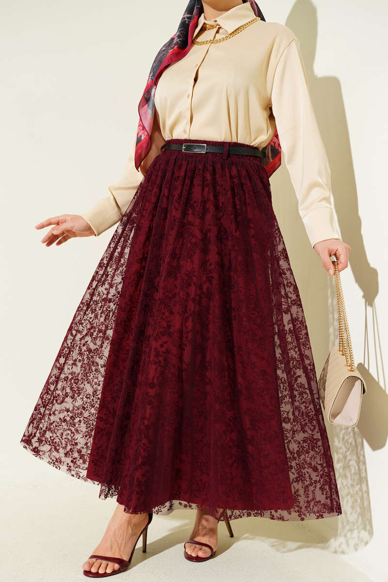 Belted Floral Tulle Flared Skirt - Burgundy