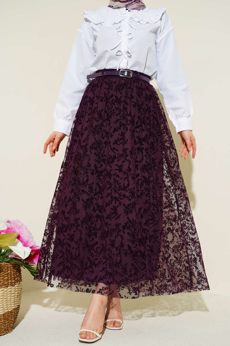 Belted Skirt with Lace Detail - Purple