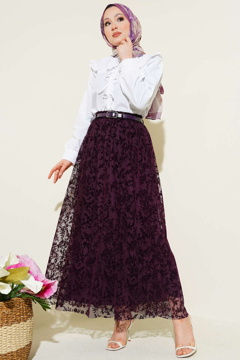 Belted Skirt with Lace Detail - Purple