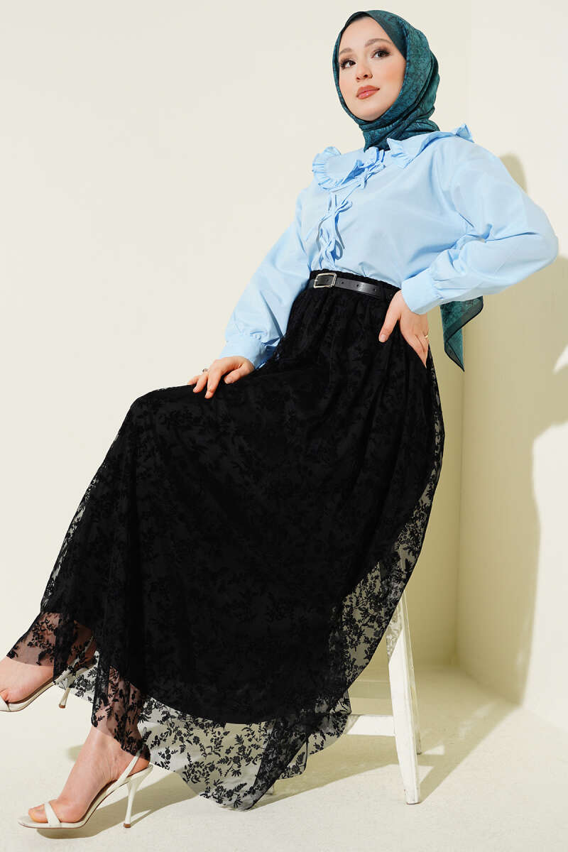 Belted Skirt with Lace Detail - Black